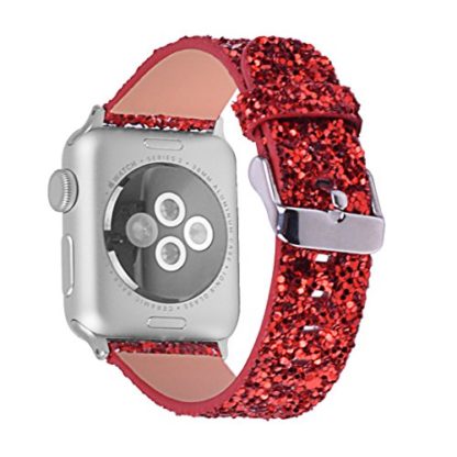 Glitter Apple watch band, Wolait Luxury PU Leather Wristband Replacement Strap for Apple Watch Series 3/2/1 (42mm Red) 5