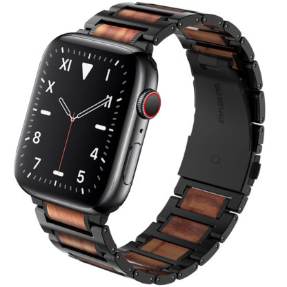 Wolait Compatible with Apple Watch Band 45mm 44mm 42mm, Natural Wood Red Sandalwood with Stainless Steel Metal Link band for iWatch SE/Series7/6/5/4/3/2/1 Men 1