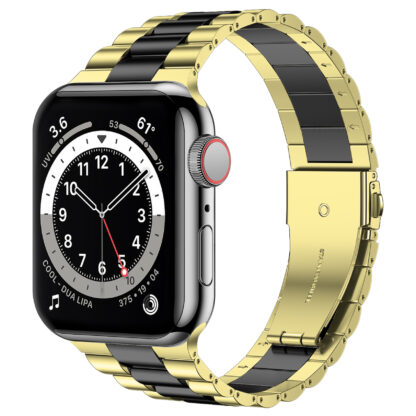 Wolait Compatible with Resin Apple Watch Band 42mm 44mm, Upgraded Fashion Light Stainless Steel Strap Wristband for iWatch SE/Series 6/5/4/3/2/1 Men Women,Gold/Black, 42mm/44mm 1