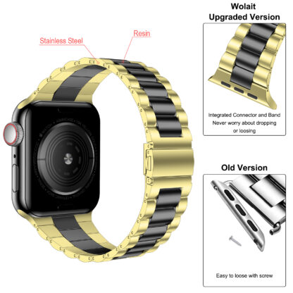 Wolait Compatible with Resin Apple Watch Band 41mm 38mm 40mm, Upgraded Fashion Light Stainless Steel Strap Wristband for iWatch SE/Series 7/6/5/4/3 Men Women,Gold/Black,38mm/40mm/41mm 4
