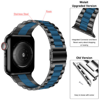 Wolait Compatible with Resin Apple Watch Band 45mm 42mm 44mm, Upgraded Fashion Light Stainless Steel Strap Wristband for iWatch SE/Series7/6/5/4/3/Men Women ,Black/Dark Blue, 42mm/44mm/45mm 4