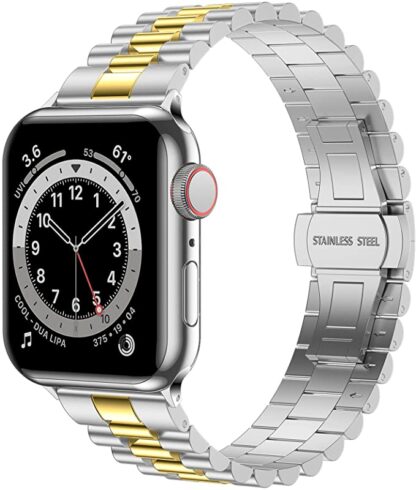 Wolait Stainless Steel Band Compatible with Apple Watch 45mm 44mm 42mm,Upgraded Business Metal Replacement Bands for iWatch Series7/ 6/5/4/3/SE -Silver/ Gold 1