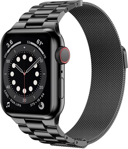 Wolait Stainless Steel Band Compatible with Apple Watch 45mm 44mm 42mm 41mm 40mm 38mm,Upgraded Metal Mesh Adjustable Magnetic Loop Replacement Bands for iWatch Series 7/6/5/4/3/SE- 45mm/ 44mm /42mm Black 1