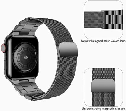 Wolait Stainless Steel Band Compatible with Apple Watch 45mm 44mm 42mm 41mm 40mm 38mm,Upgraded Metal Mesh Adjustable Magnetic Loop Replacement Bands for iWatch Series 7/6/5/4/3/SE- 45mm/ 44mm /42mm Black 3