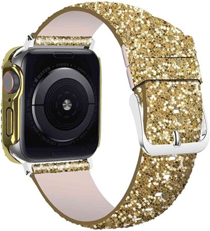 Wolait Compatible with Apple Watch Band with Glass Screen Protector 45mm 44mm 40mm 41mm,iWatch Leather Glitter Sparkly Wristband Bracelet with Bling Diamond Case for iWatch SE Series 7 6 5 4 Women (Gold, 45mm Band + Case) 2