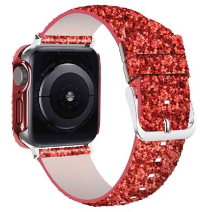 Wolait Compatible with Apple Watch Band with Glass Screen Protector 45mm 44mm 40mm 41mm,iWatch Leather Glitter Sparkly Wristband Bracelet with Bling Diamond Case for iWatch SE Series 7 6 5 4 Women (Red, 41mm Band + Case) 2