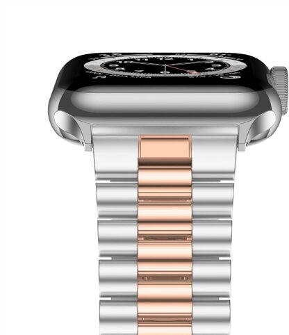 Wolait Stainless Steel Band Compatible with Apple Watch 45mm 44mm 42mm,Upgraded Business Metal Replacement Bands for iWatch Series7/ 6/5/4/3/SE -Silver/Rose Gold 2