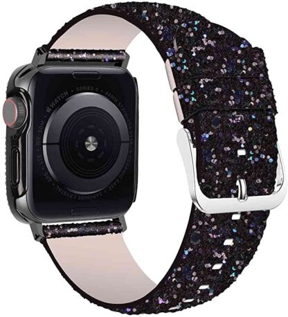 Wolait Compatible with Apple Watch Band with Glass Screen Protector 45mm 44mm 40mm 41mm,iWatch Leather Glitter Sparkly Wristband Bracelet with Bling Diamond Case for iWatch SE Series 7 6 5 4 Women (Black, 44mm Band + Case) 2