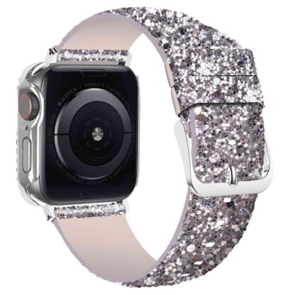 Wolait Compatible with Apple Watch Band with Glass Screen Protector 45mm 44mm 40mm 41mm,iWatch Leather Glitter Sparkly Wristband Bracelet with Bling Diamond Case for iWatch SE Series 7 6 5 4 Women (Silver, 44mm Band + Case) 3