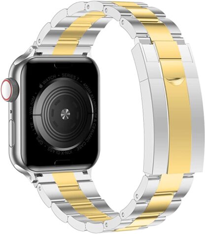Wolait Compatible with Stainless Steel Apple Watch Band 45mm 44mm 42mm, Metal Business Replacement iWatch Band for Apple Watch Series 7 Apple Watch Series SE 6/5/4/3/2/1 Bands,Silver/Gold 2