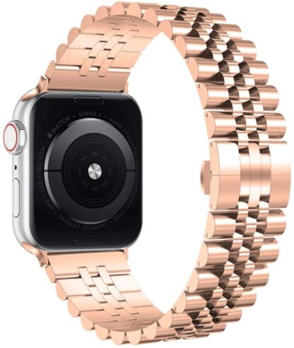 Wolait Compatible with Apple Watch Band 45mm 44mm 42mm , Stainless Steel Heavy Band with Butterfly Folding Clasp Link Bracelet for iWatch Series7/6/SESeries 5/4/3/Men Women, Rose Gold 1