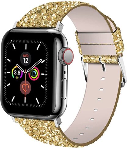 Wolait Compatible with Apple Watch Band with Glass Screen Protector 45mm 44mm 40mm 41mm,iWatch Leather Glitter Sparkly Wristband Bracelet with Bling Diamond Case for iWatch SE Series 7 6 5 4 Women (Gold, 44mm Band + Case) 3