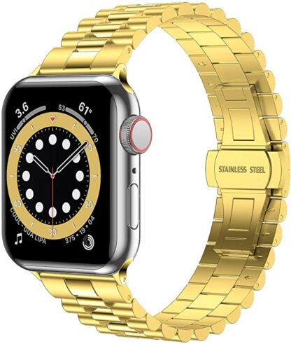 Wolait Stainless Steel Band Compatible with Apple Watch 45mm 44mm 42mm,Upgraded Business Metal Replacement Bands for iWatch Series7/ 6/5/4/3/SE - Gold 1