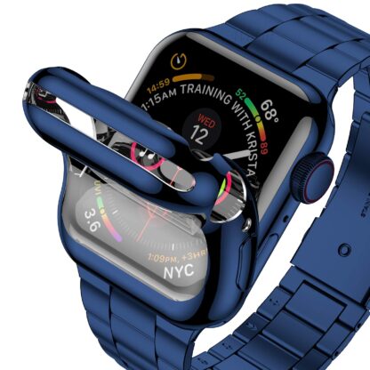 Wolait Compatible with Apple Watch Band 42mm 44mm 45mm 38mm 40mm 41mm with Case, Upgraded Business Stainless Steel Band with Screen Protector Cover for iWatch Series 7/6/SE Series 5/4/3/2/1,44mm Blue 2