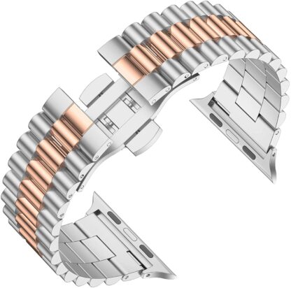 Wolait Stainless Steel Band Compatible with Apple Watch 45mm 44mm 42mm,Upgraded Business Metal Replacement Bands for iWatch Series7/ 6/5/4/3/SE -Silver/Rose Gold 3