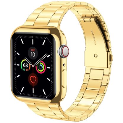 Wolait Compatible with Apple Watch Band 42mm 44mm 45mm 38mm 40mm 41mm with Case, Upgraded Business Stainless Steel Band with Screen Protector Cover for iWatch Series 7/6/SE Series 5/4/3/2/1,44mm Gold 3