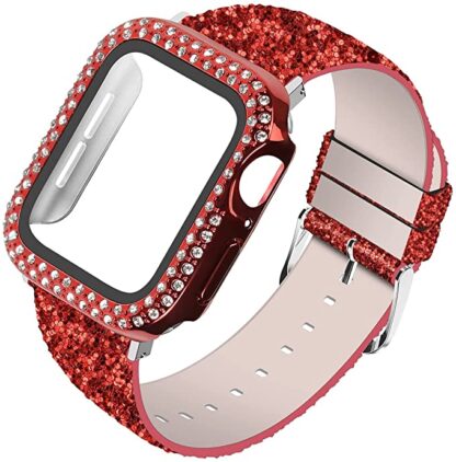 Wolait Compatible with Apple Watch Band with Glass Screen Protector 45mm 44mm 40mm 41mm,iWatch Leather Glitter Sparkly Wristband Bracelet with Bling Diamond Case for iWatch SE Series 7 6 5 4 Women (Red, 40mm Band + Case) 1