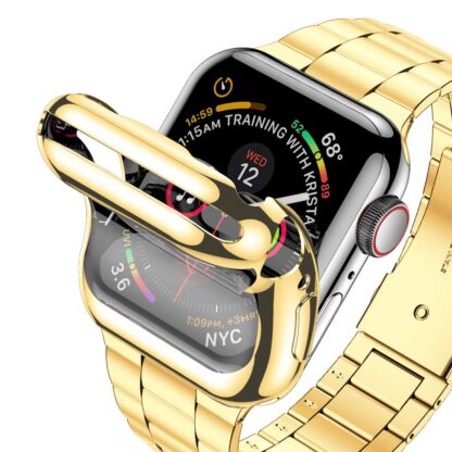 Wolait Compatible with Apple Watch Band 42mm 44mm 45mm 38mm 40mm 41mm with Case, Upgraded Business Stainless Steel Band with Screen Protector Cover for iWatch Series 7/6/SE Series 5/4/3/2/1,44mm Gold 2