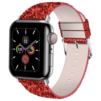 Wolait Compatible with Apple Watch Band with Glass Screen Protector 45mm 44mm 40mm 41mm,iWatch Leather Glitter Sparkly Wristband Bracelet with Bling Diamond Case for iWatch SE Series 7 6 5 4 Women (Red, 44mm Band + Case) 3