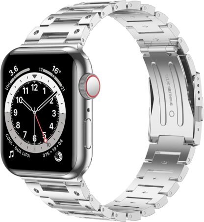 Wolait Metal Band Compatible with Apple Watch 45mm 44mm 42mm, Upgraded Stainless Steel Business Replacement Band for Series7/ 6/SE/5/4/3 Women Men-Silver 1