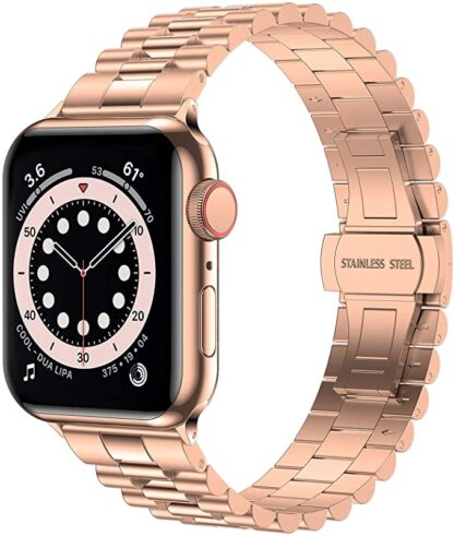 Wolait Stainless Steel Band Compatible with Apple Watch 45mm 44mm 42mm,Upgraded Business Metal Replacement Bands for iWatch Series7/ 6/5/4/3/SE -Rose Gold 1