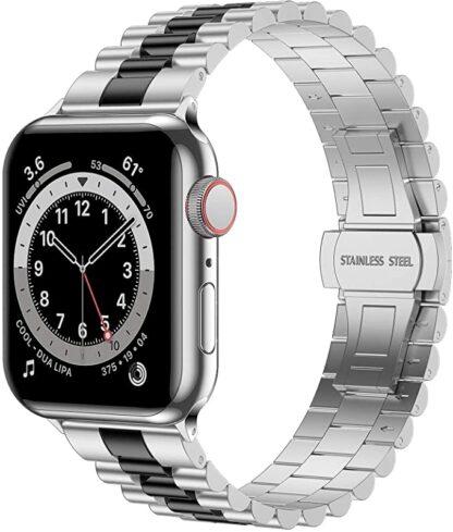 Wolait Stainless Steel Band Compatible with Apple Watch 45mm 44mm 42mm,Upgraded Business Metal Replacement Bands for iWatch Series7/ 6/5/4/3/SE -Silver/Black 1