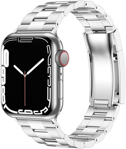 Wolait Compatible with Stainless Steel Apple Watch Band 45mm 44mm 42mm, Metal Business Replacement iWatch Band for Apple Watch Series 7 Apple Watch Series SE 6/5/4/3/2/1 Bands,Silver 1