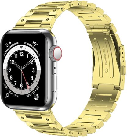 Wolait Metal Band Compatible with Apple Watch 45mm 44mm 42mm, Upgraded Stainless Steel Business Replacement Band for Series7/ 6/SE/5/4/3 Women Men-Gold 1