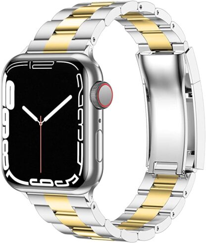 Wolait Compatible with Stainless Steel Apple Watch Band 45mm 44mm 42mm, Metal Business Replacement iWatch Band for Apple Watch Series 7 Apple Watch Series SE 6/5/4/3/2/1 Bands,Silver/Gold 1