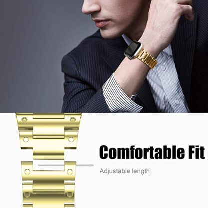 Wolait Metal Band Compatible with Apple Watch 45mm 44mm 42mm, Upgraded Stainless Steel Business Replacement Band for Series7/ 6/SE/5/4/3 Women Men-Gold 4
