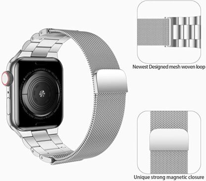 Wolait Stainless Steel Band Compatible with Apple Watch 45mm 44mm 42mm 41mm 40mm 38mm,Upgraded Metal Mesh Adjustable Magnetic Loop Replacement Bands for iWatch Series 7/6/5/4/3/SE-38/40/41mm Silver 4