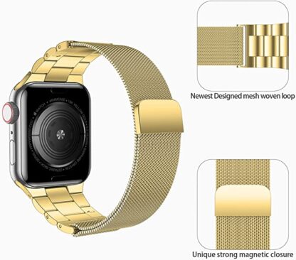 Wolait Stainless Steel Band Compatible with Apple Watch 45mm 44mm 42mm 41mm 40mm 38mm,Upgraded Metal Mesh Adjustable Magnetic Loop Replacement Bands for iWatch Series 7/6/5/4/3/SE- 45mm /44mm /42mm Gold 3