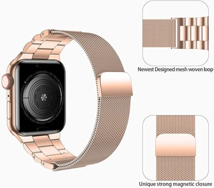 Wolait Stainless Steel Band Compatible with Apple Watch 45mm 44mm 42mm 41mm 40mm 38mm,Upgraded Metal Mesh Adjustable Magnetic Loop Replacement Bands for iWatch Series 7/6/5/4/3/SE-45mm /44mm/ 42mm Rose Gold 3