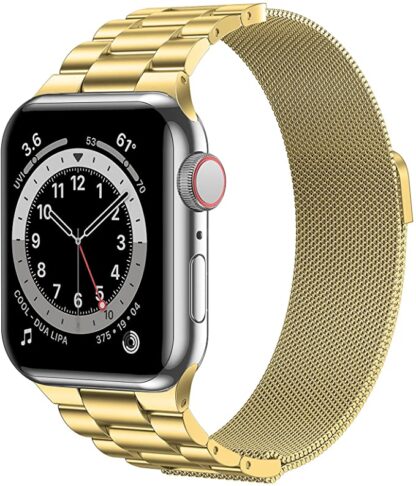 Wolait Stainless Steel Band Compatible with Apple Watch 45mm 44mm 42mm 41mm 40mm 38mm,Upgraded Metal Mesh Adjustable Magnetic Loop Replacement Bands for iWatch Series 7/6/5/4/3/SE- 45mm /44mm /42mm Gold 1