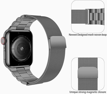 Wolait Stainless Steel Band Compatible with Apple Watch 45mm 44mm 42mm 41mm 40mm 38mm,Upgraded Metal Mesh Adjustable Magnetic Loop Replacement Bands for iWatch Series 7/6/5/4/3/SE- 45mm/ 44mm /42mmSpace Grey 3