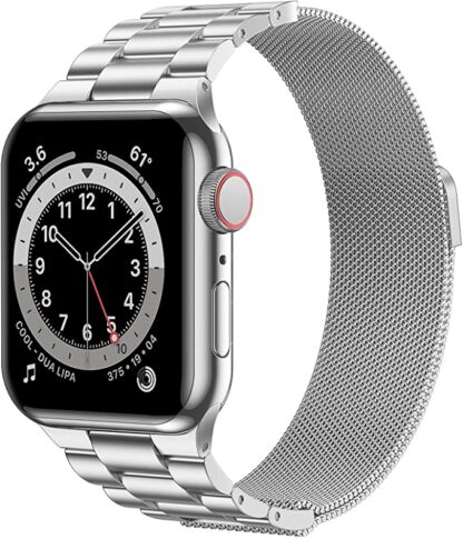 Wolait Stainless Steel Band Compatible with Apple Watch 45mm 44mm 42mm 41mm 40mm 38mm,Upgraded Metal Mesh Adjustable Magnetic Loop Replacement Bands for iWatch Series 7/6/5/4/3/SE-38/40/41mm Silver 1