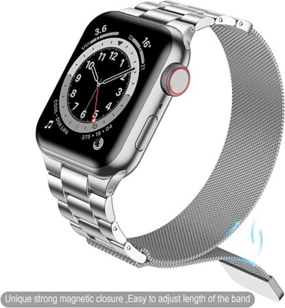 Wolait Stainless Steel Band Compatible with Apple Watch 45mm 44mm 42mm 41mm 40mm 38mm,Upgraded Metal Mesh Adjustable Magnetic Loop Replacement Bands for iWatch Series 7/6/5/4/3/SE-45mm /44mm/ 42mm Silver 2