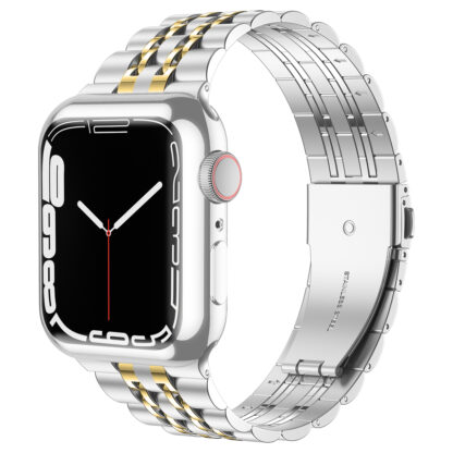 Wolait Compatible with Apple Watch Band 45mm with Case,Upgraded Stainless Steel Metal Business Band with Screen Protector for iWatch Series 7/SE Series 6/5/4/3/2/1,Silver/Gold Band + Silver Case 3