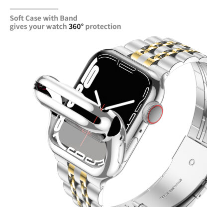 Wolait Compatible with Apple Watch Band 38mm with Case,Upgraded Stainless Steel Metal Business Band with Screen Protector for iWatch Series 7/SE Series 6/5/4/3/2/1,Silver/Gold Band + Silver Case 5