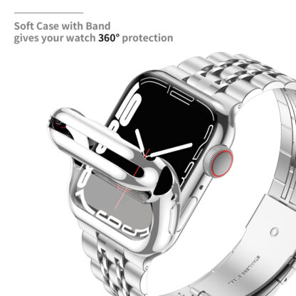 Wolait Compatible with Apple Watch Band 45mm with Case,Upgraded Stainless Steel Metal Business Band with Screen Protector for iWatch Series 7/SE Series 6/5/4/3/2/1,Silver Band+ Silver Case 2
