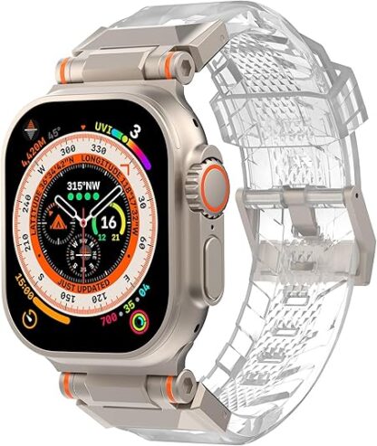 Wolait Compatible for Apple Watch Ultra Band,Rugged Sport Band for Apple Watch Ultra 2/Apple Watch Ultra Band 49mm 45mm 44mm 42mm Series 9/8/SE2/7/6/SE/5/4/3/2/1 Men-Transparent 1